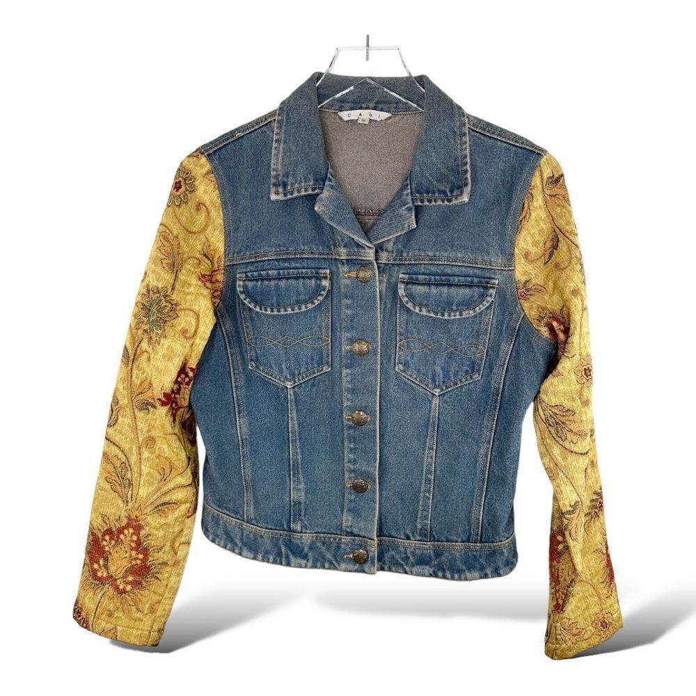 CABI Womens Button Front Denim Jacket with Contrasting Retro Sleeve Size Small